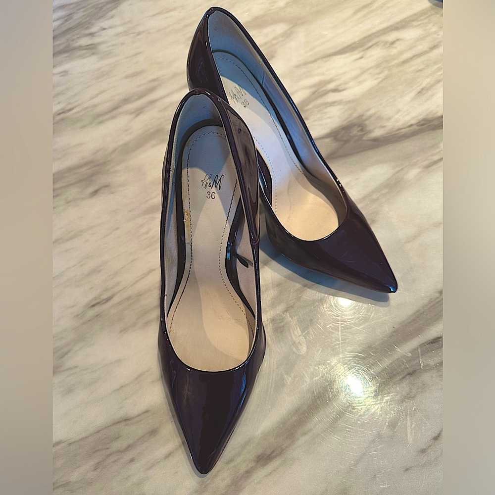 H&M Oxblood Burgundy Wine Patent Faux Leather Pointed Toe Pumps Stiletto Heels